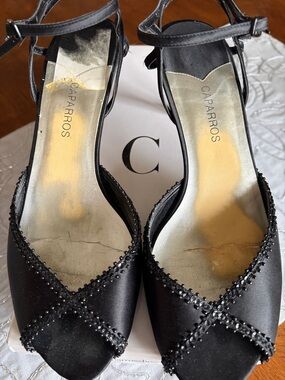 Caparros Black Satin Beaded Crisscross Heels